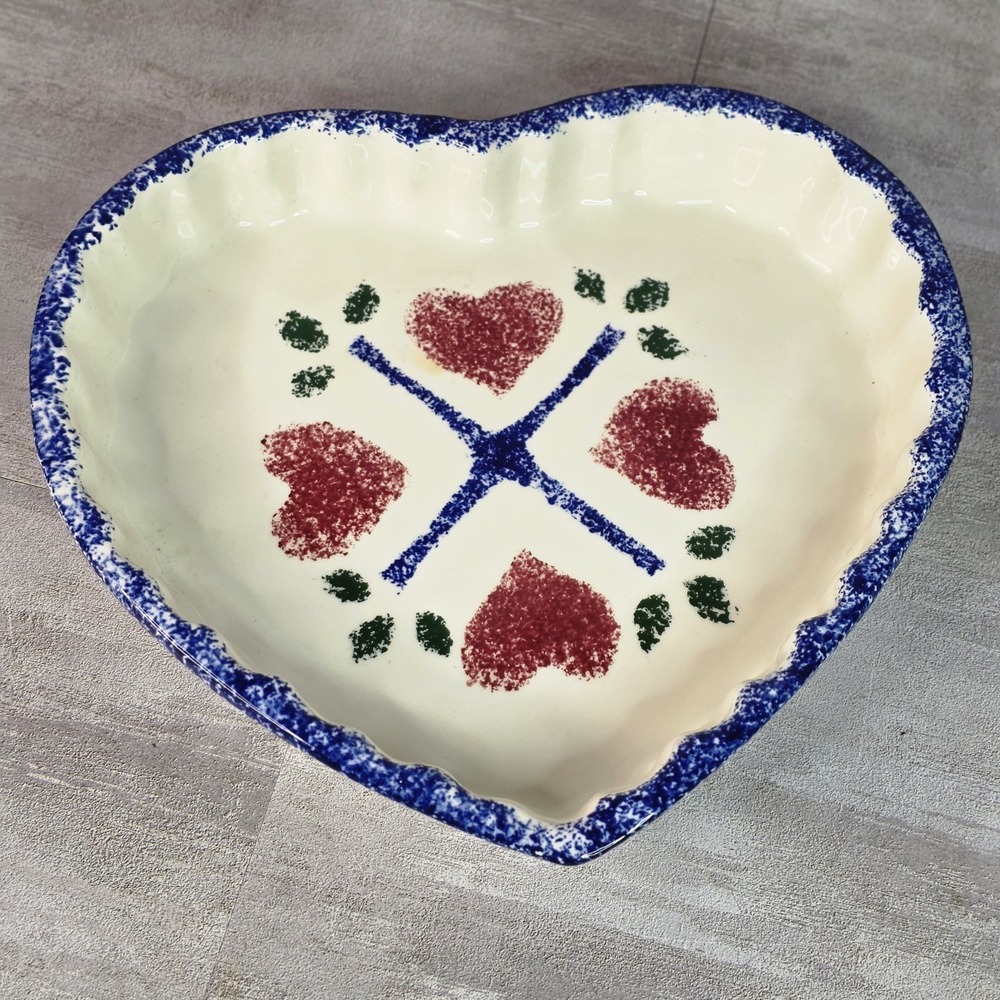Flat Earth Clay Pottery Heart Baker Red White Blue Spongeware Serving Dish